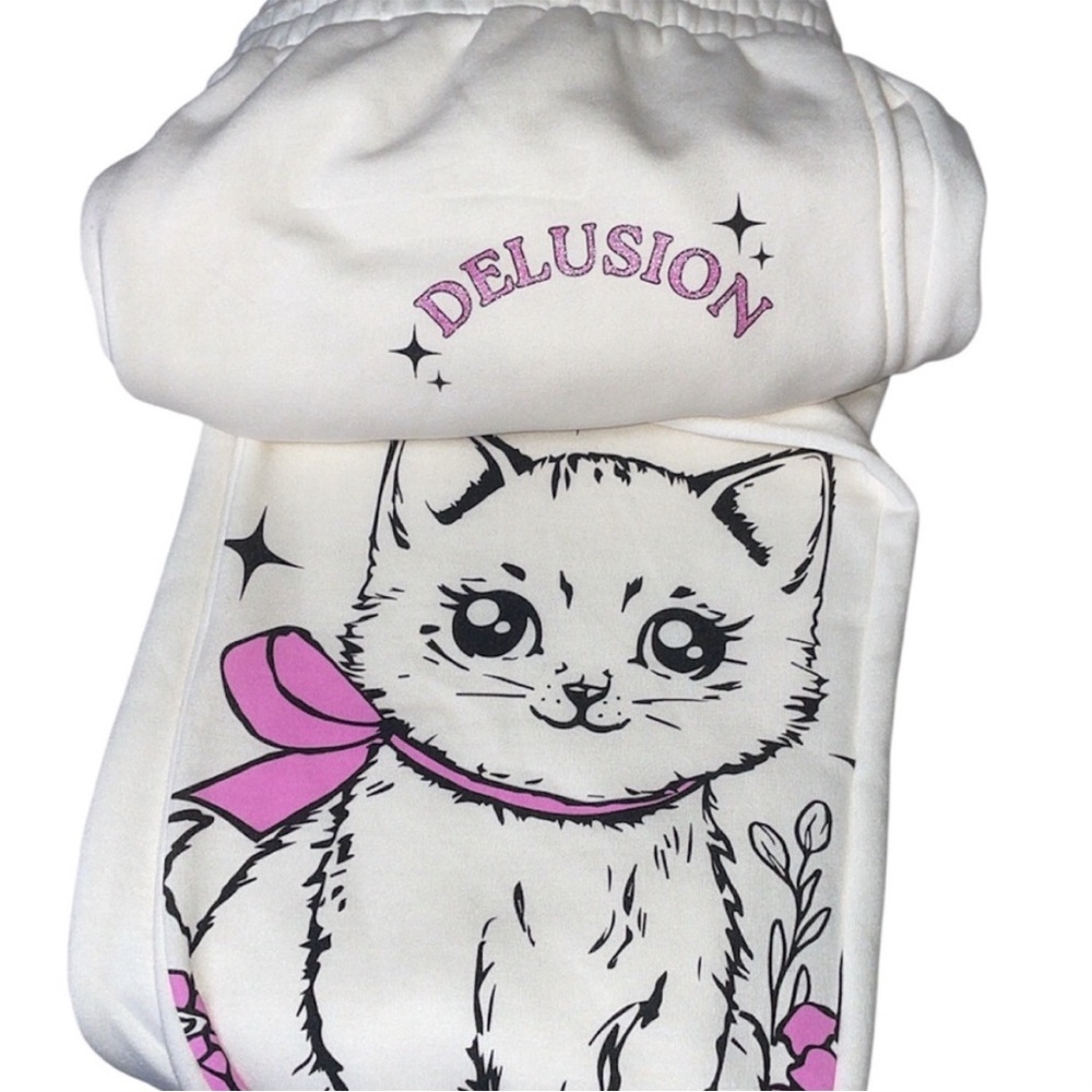 Cute White & Pink Cat Print Sweatpants